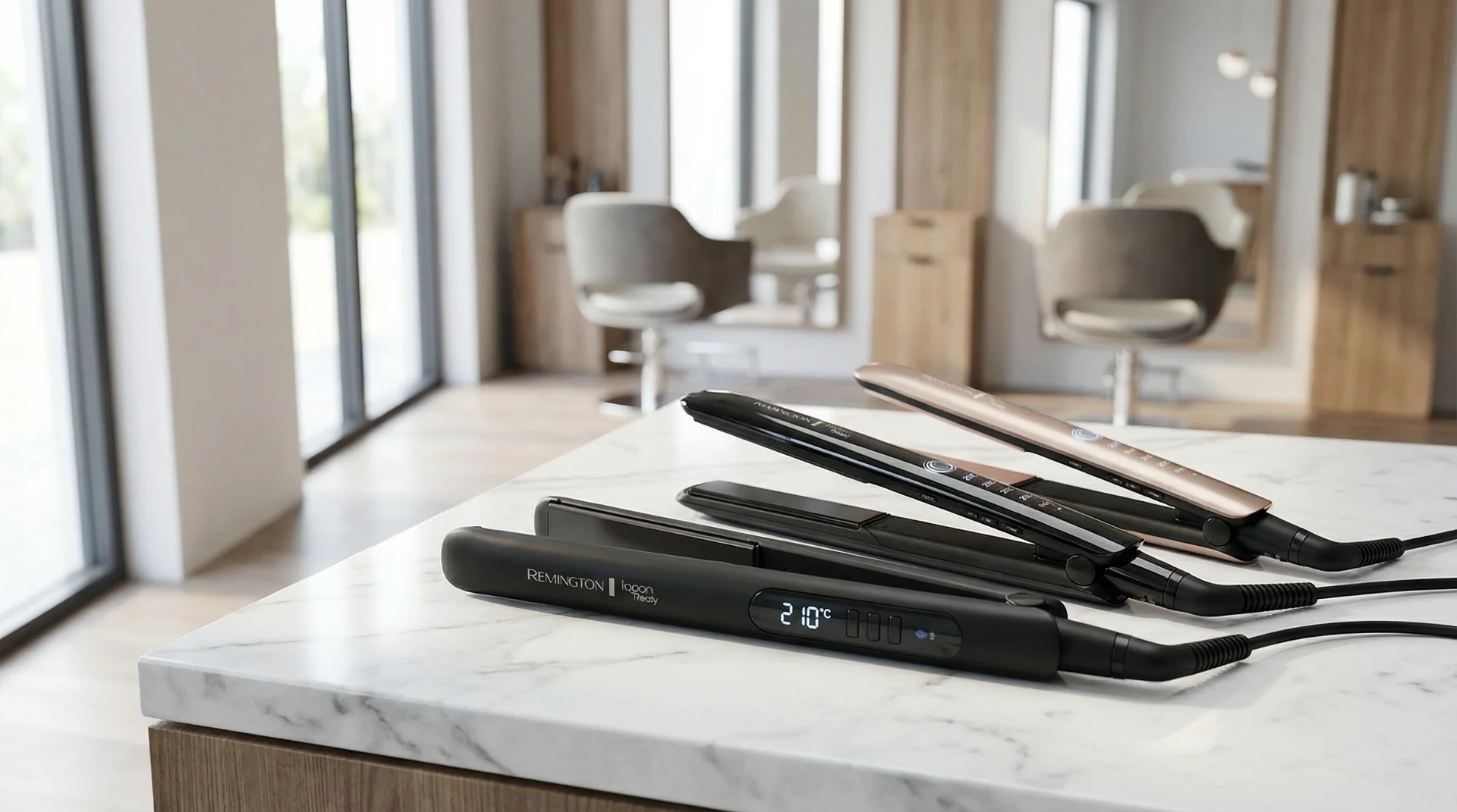 Glätteisen im Test: Professionelle Haarstyling-Geräte auf Marmor-Theke in modernem Friseursalon